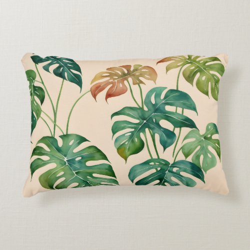 Monstera Houseplant Boho Watercolor Art Accent Pillow