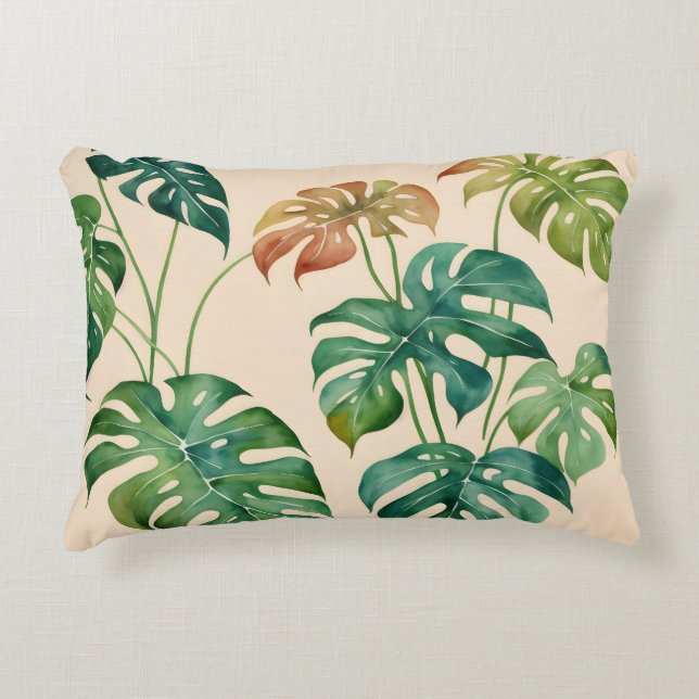 Monstera Houseplant Boho Watercolor Art Accent Pillow (Front)