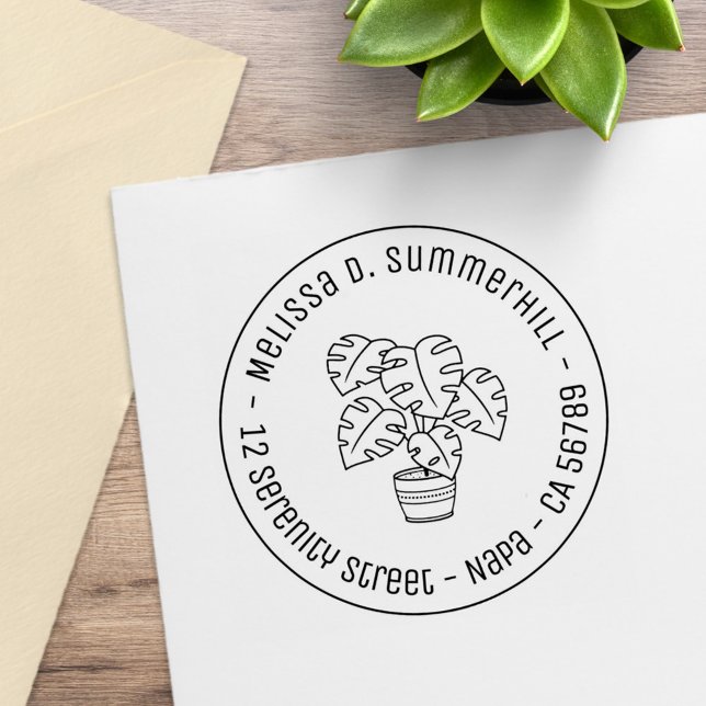 Monstera Houseplant Round Address Rubber Stamp (Creator Uploaded)