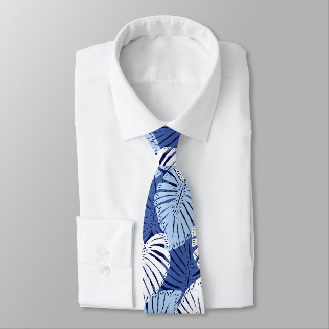 Monstera Jungle Hawaiian Tropical Leaves - Blue Neck Tie (Tied)
