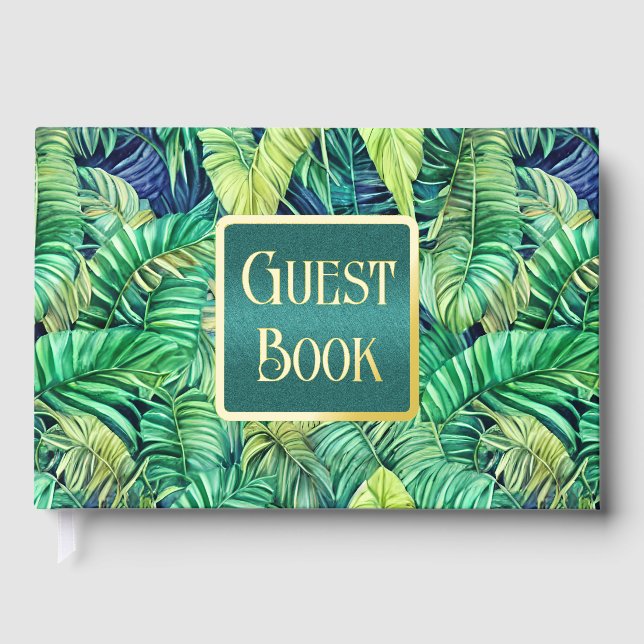 Monstera jungle leaf tropical greenery real foil guest book  (Front)