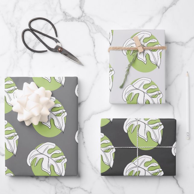 Monstera Leaf Abstract Plant Illustration Gray Wrapping Paper Sheets (Front)