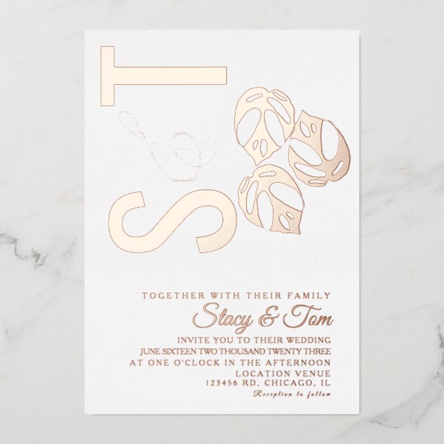 Monstera Leaf Ampersand Wedding Pressed Foil Invitation (Front)