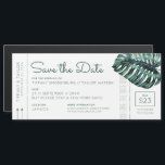 Monstera Leaf Boarding Pass Magnet Save the Date<br><div class="desc">Boarding pass plane ticket style save the date magnet with a large monstera leaf and modern and casual fonts perfect for a tropical destination wedding, beach wedding, or island theme marriage celebration will look great on your guests' fridge as they await their departure date to travel to your event. All...</div>