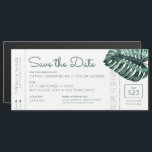 Monstera Leaf Boarding Pass Magnet Save the Date<br><div class="desc">Boarding pass plane ticket style save the date magnet with a large monstera leaf and modern and casual fonts perfect for a tropical destination wedding, beach wedding, or island theme marriage celebration will look great on your guests' fridge as they await their departure date to travel to your event. All...</div>