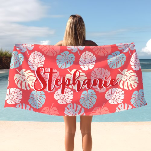 Beach Towels 8 Monstera Leaf Colorful Coral Tropical Script Name Beach Towel