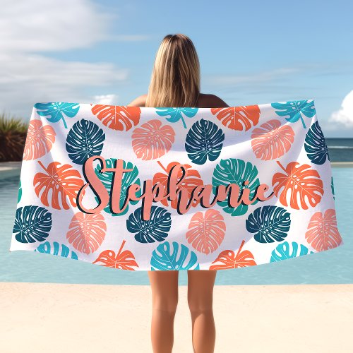 Monstera Leaf Colorful Navy And Coral Script Name Beach Towel