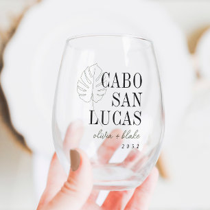 Monstera Leaf Destination Wedding Favor Stemless Wine Glass