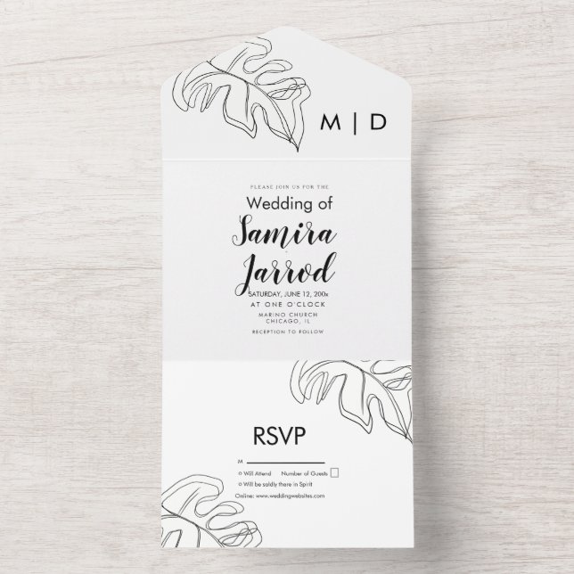 Monstera Leaf Double Line Art Black White Wedding  All In One Invitation (Inside)