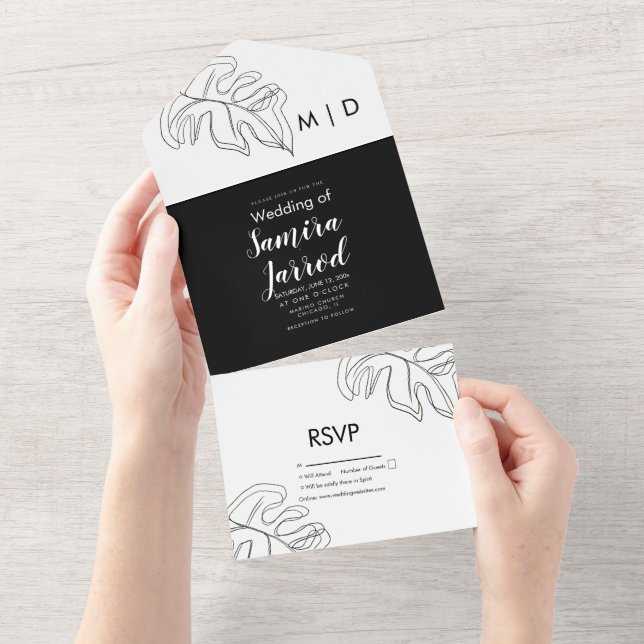 Monstera Leaf Double Line Art Black White Wedding All In One Invitation (Tearaway)