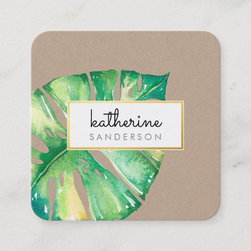 MONSTERA LEAF eco painted modern watercolor kraft Square Business Card