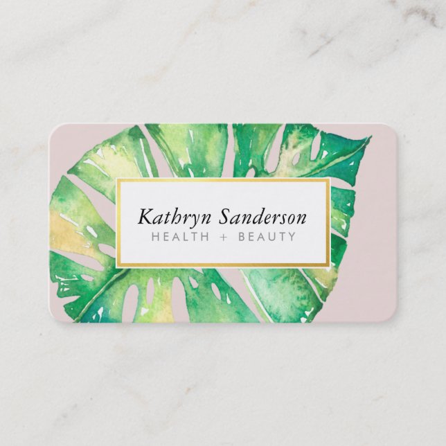MONSTERA LEAF eco painted modern watercolor pink Business Card (Front)
