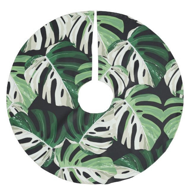 Monstera Leaf Exotic Black Pattern Brushed Polyester Tree Skirt (Front)