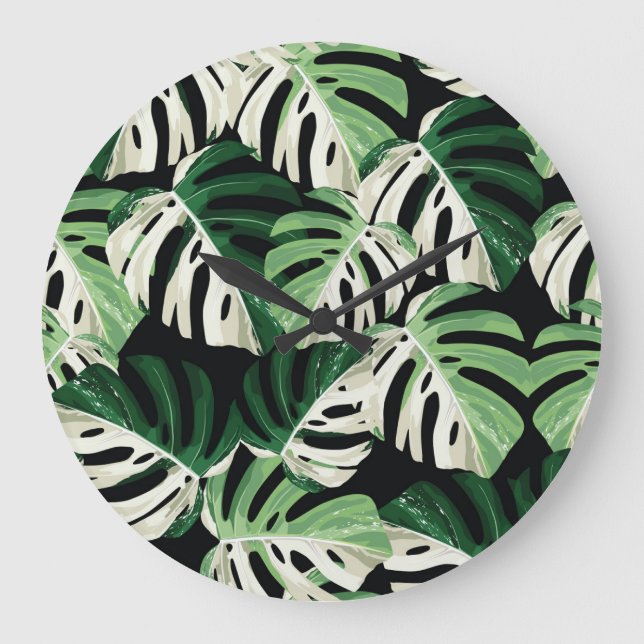 Monstera Leaf Exotic Black Pattern Large Clock (Front)
