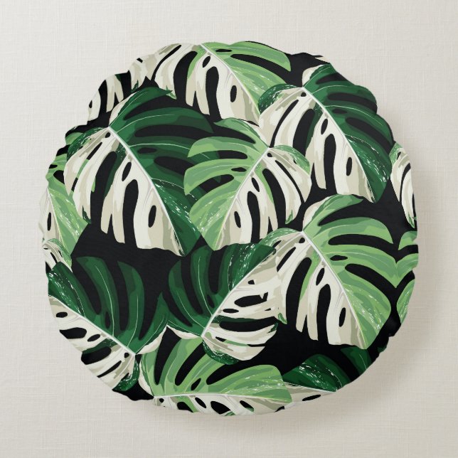 Monstera Leaf Exotic Black Pattern Round Pillow (Front)