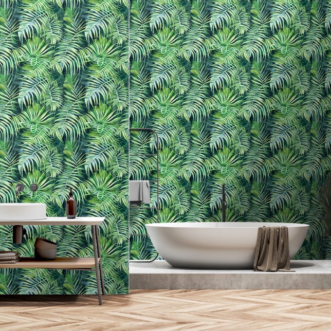 Monstera leaf foliage pattern tropical jungle wall wallpaper  (Bathroom)