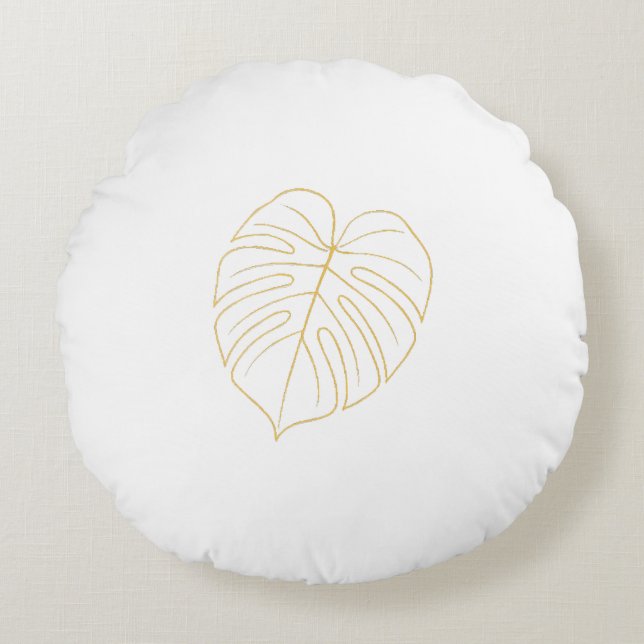 Monstera Leaf Gold Design.  Round Pillow (Front)