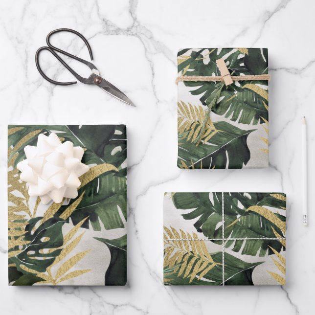 Monstera Leaf & Gold Majesty Palm Leaf Greenery Wrapping Paper Sheets (Front)