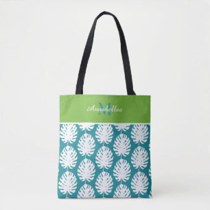 Monstera Leaf Green Aqua White Monogram Beach Pool Tote Bag