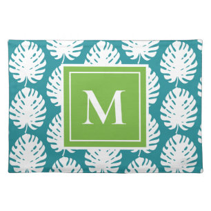 Monstera Leaf Green Aqua White Monogram Coastal Cloth Placemat