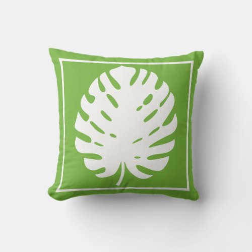 Monstera Leaf Green White Coastal Modern Throw Pillow