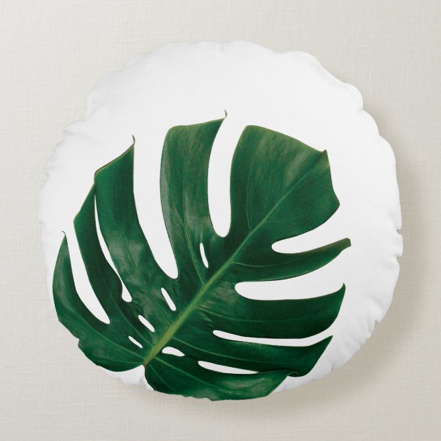 Monstera Leaf island design - Tropical Green Round Pillow (Front)