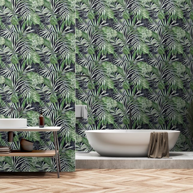 Monstera leaf jungle tropical foliage black green  wallpaper  (Bathroom)
