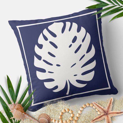 Monstera Leaf Navy Blue and White Coastal Modern Throw Pillow