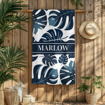 Monstera Leaf Navy & White Tropical Beach Towel