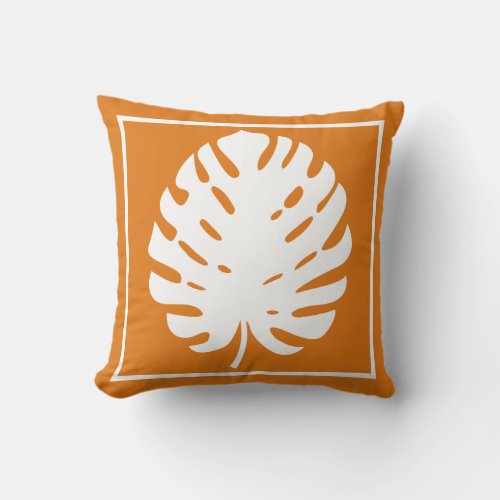 Monstera Leaf Orange White Coastal Modern Nautical Throw Pillow