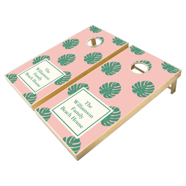 Monstera Leaf Pattern Pink Green Personalized Cornhole Set (Angled)