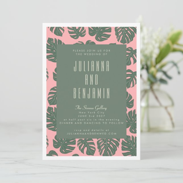 Monstera Leaf Plant Botanical Pink Green Wedding Invitation (Standing Front)