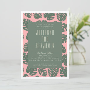 Monstera Leaf Plant Botanical Pink Green Wedding Invitation