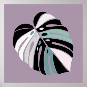 Monstera Leaf - Purple Green Black White Poster