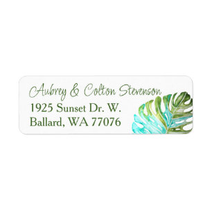Monstera Leaf Return Address Labels, Green Blue Label