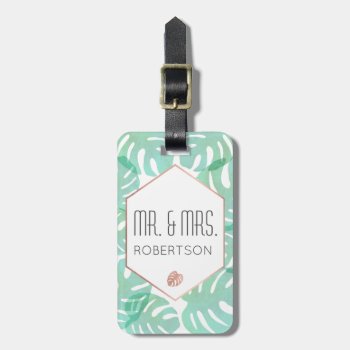 Monstera Leaf & Rose Gold Luggage Tag by charmingink at Zazzle