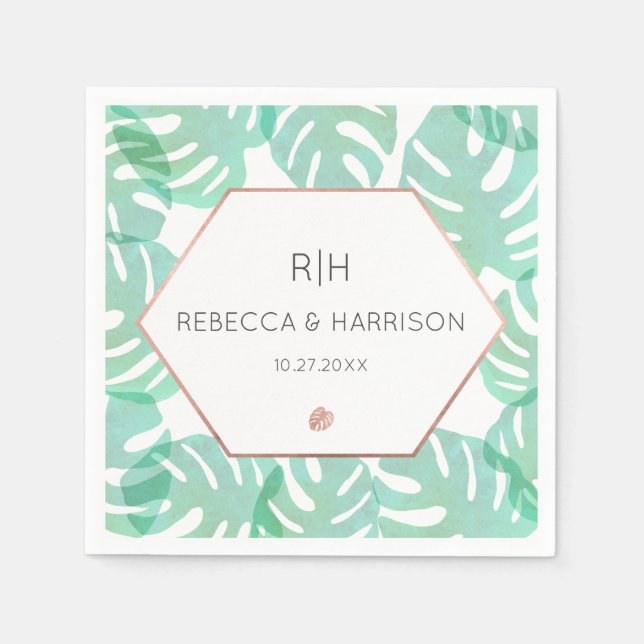 Monstera Leaf & Rose Gold Paper Napkins (Front)