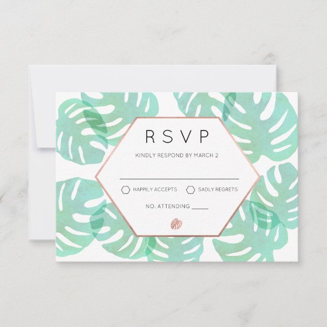 Monstera Leaf & Rose Gold RSVP Card (Front)