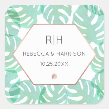Monstera Leaf & Rose Gold Square Sticker by charmingink at Zazzle