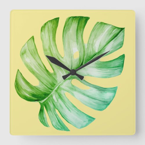 Monstera Leaf Tropical Green Yellow Lemon Greenery Square Wall Clock