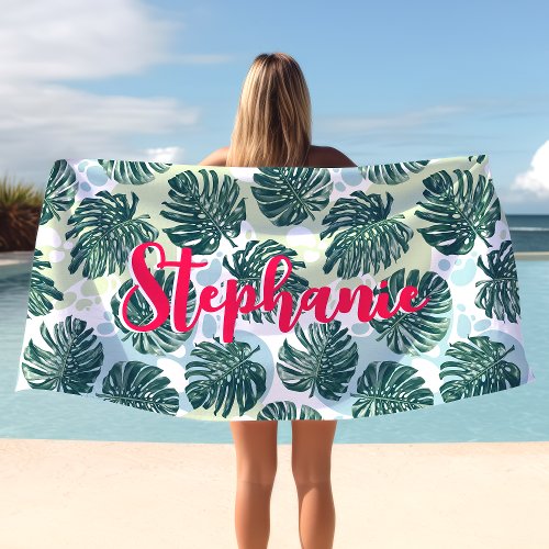 Monstera Leaf Tropical Palm Hot Pink Script Name Beach Towel