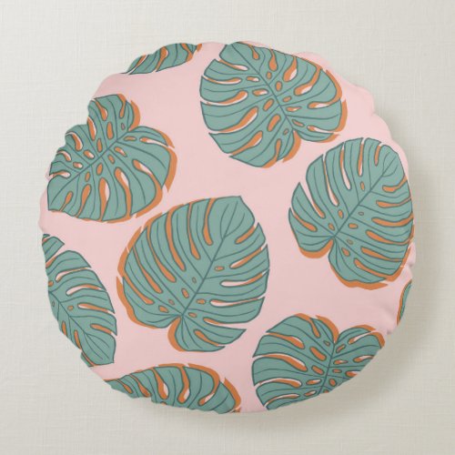 Monstera Leaf Tropical Vintage Pattern Round Pillow