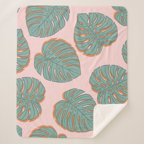 Monstera Leaf Tropical Vintage Pattern Sherpa Blanket