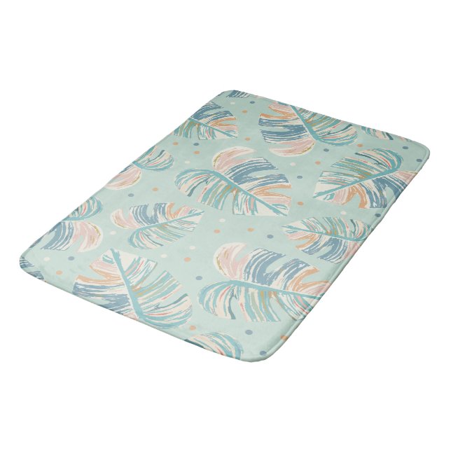 Monstera Leaf - Turquoise, Green, Coral, Mustard Bath Mat (Angled)