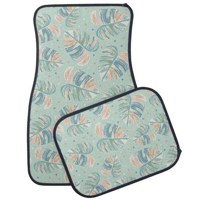 Monstera Leaf - Turquoise, Green, Coral, Mustard Car Floor Mat (Set)