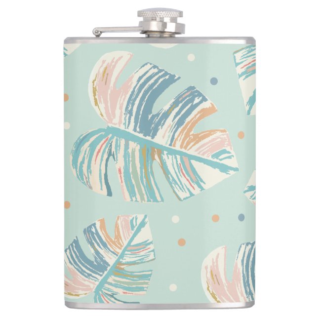 Monstera Leaf - Turquoise, Green, Coral, Mustard Flask (Front)