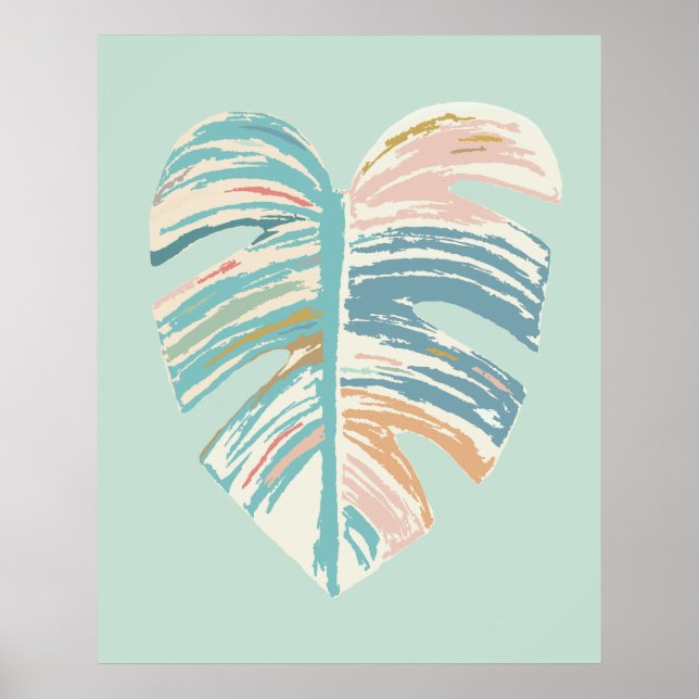 Monstera Leaf - Turquoise, Green, Coral, Mustard Poster (Front)
