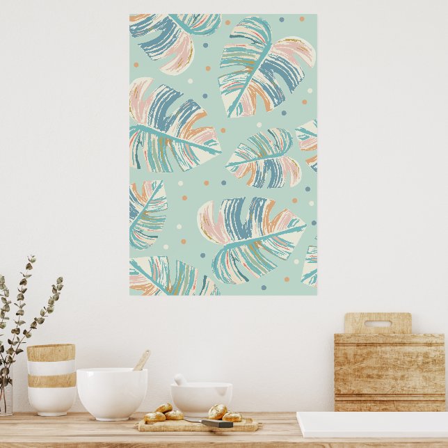Monstera Leaf - Turquoise, Green, Coral, Mustard Poster (Kitchen)