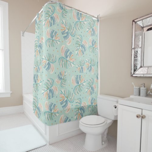 Monstera Leaf _ Turquoise Green Coral Mustard Shower Curtain