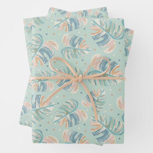 Monstera Leaf _ Turquoise Green Coral Mustard Wrapping Paper Sheets